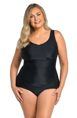 Maxine Of Hollywood Women's Standard Side Shirred Girl Leg One Piece Swimsuit, Black//Tulum Tiki Floral, 8