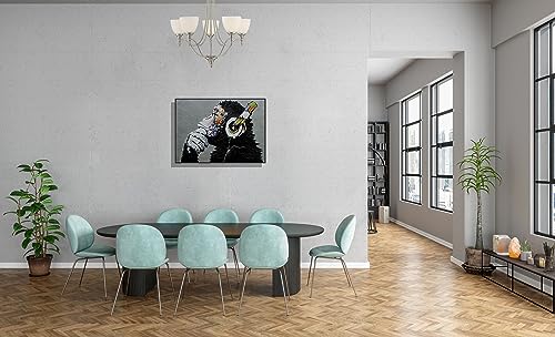 Banksy Wall Art Thinking Monkey with Headphones Enjoying Music Graffiti 3D Print simulation hand painted texture on canvas painting Mural Framed Matted 3D Brushstroke 17x24"