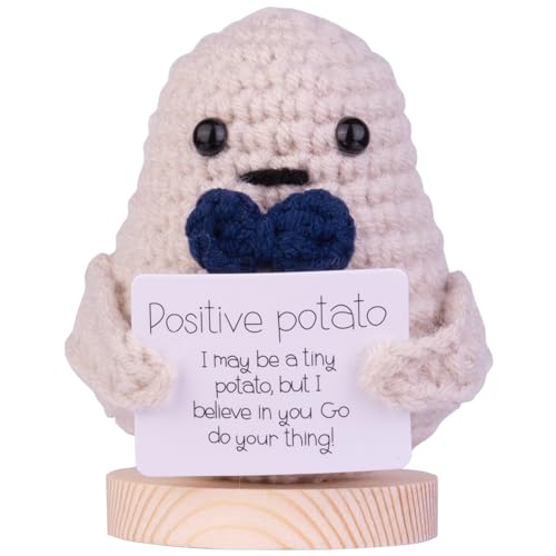 MuMyer Funny Crochet Positive Potato Doll, Handmade Emotional Support Wool Knitted Potato Doll Car Ornaments Gifts with Wooden Base for Car Home Office(Deep Blue)