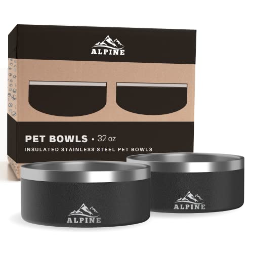 ALPINE Set of 2 Stainless Steel Dog Bowls, Non Slip, Metal Pet Bowl for Food and Water, Double Walled Insulated, Rustproof, Dishwasher Safe (32 oz, Black)