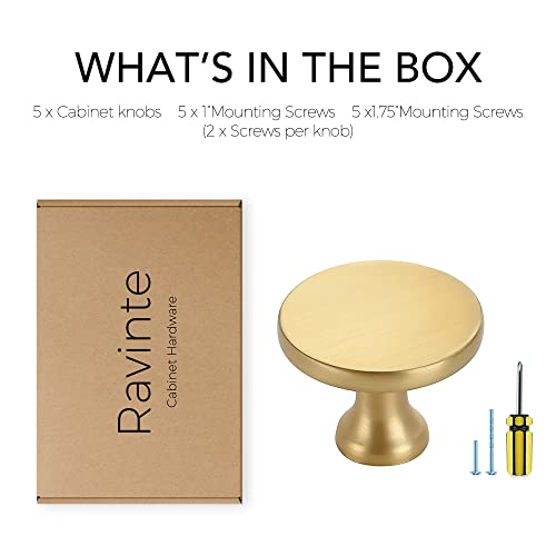 Ravinte 5 Pack Solid Metal Knobs Dresser Drawer Knobs Gold Cabinet Hardware Round Cabinet Door Knobs Drawer Knobs Kitchen Cabinet Knobs Brushed Brass Drawer Pulls