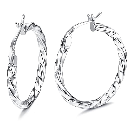 Milacolato 925 Sterling Silver Hoop Earrings for Women Girls 18K White Gold Plated Twisted Hoop Earrings Hypoallergenic Lightweight Click-Top Big Hoop Earrings 20mm