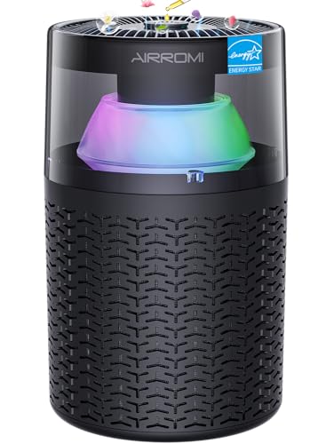 AIRROMI Air Purifiers for Home Bedroom Up to 765 Ft²,with Activated Carbon Filter,Aromatherapy,RGB nightlight,Quiet 360° intake Air Cleaner for Pet Hair,Pet Dander, Allergies,Smoke,Odor A2002 Black