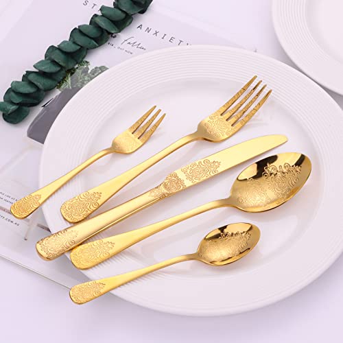 Mafier 20-Piece Stainless Steel, Service for 4, Gold Cutlery Silverware Durable Tableware Knife Spoon Fork Set, Mirror Polished and Dishwasher Safe