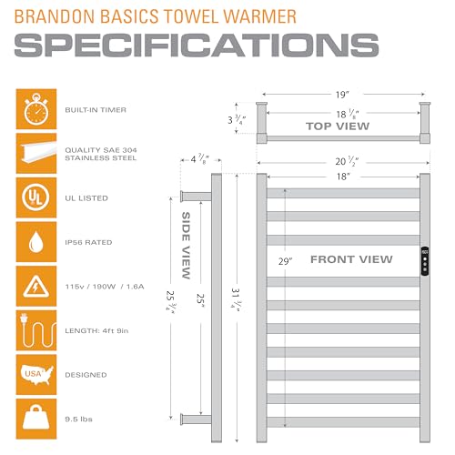 Brandon Basics Wall Mounted Electric Towel Warmer with Built-in Smart Wi-Fi Timer and Hardwired and Plug in Options (Brushed)