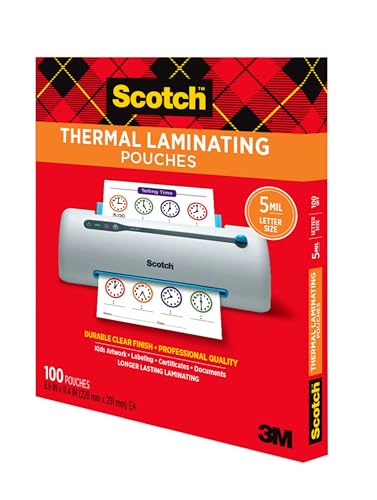 Scotch Thermal Laminating Pouches, 100 Count, Clear, 5 mil, Laminate Business Cards, Small Banners, Essays, Office or School Supplies, Fits Letter Size 8.9x11.4 in Paper