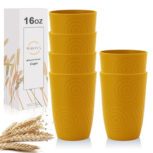 Wrova Wheat Straw Cups 16oz set of 6 with Etched Pattern - Alternative Plastic Cups Dishwasher Safe - Plastic Drinking Cups Unbreakable for Kids - Banana Yellow