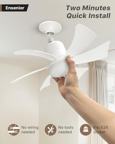 Ensenior 16.5 Inch Socket Fan Light with Remote, Dimmable Light Socket Ceiling Fan, 3000K-6000K 3 Speeds, 1200LM Screw in Ceiling Fan with Light Bulb for Bedroom, Kitchen, Living Room-1 Pack