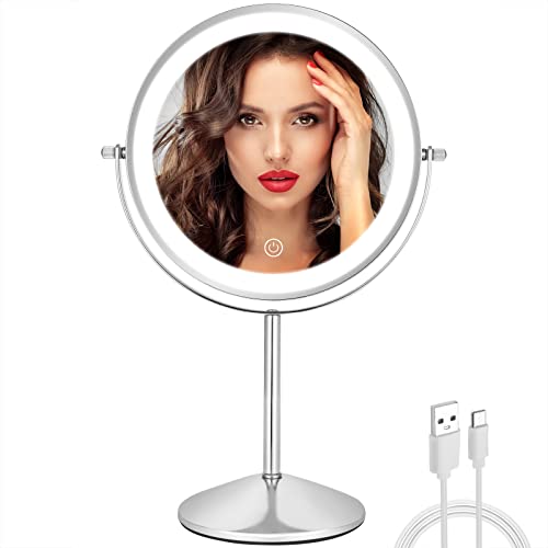 FFowcye 8" Lighted Makeup Mirror with Adjustable Height, 1X/10X Magnification, Rechargeable LED Vanity Mirror with 3 Color Modes, 360° Rotating Touch Screen, Magnifying Tabletop Cosmetic Mirror