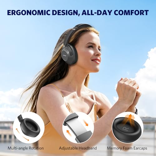 EarFun Wave Pro Active Noise Canceling Headphones, Wireless Over Ear Bluetooth Headphones, LDAC Hi-Res Sound, 5 Mics AI Clear Call, 80H Playtime, Multipoint Connection, Comfort Fit, Custom EQ via App