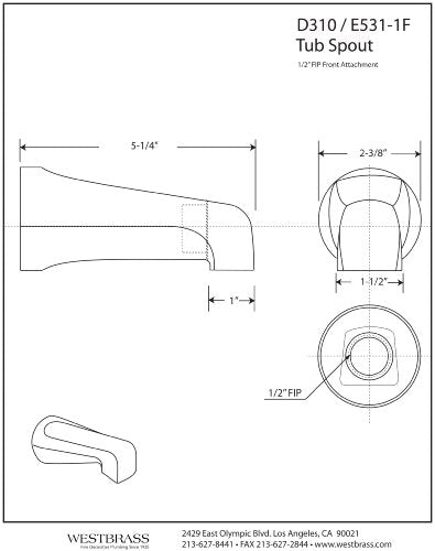 Westbrass R310-62 Standard 5-1/2 in. Tub Spout, Matte Black