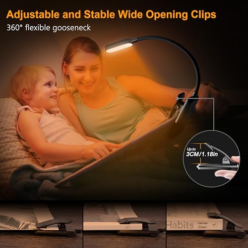 Gritin 16 LED Rechargeable Book Light for Reading in Bed-Eye Caring 3 Color Temperatures, Stepless Dimming Brightness,80Hrs Runtime,Lightweight Flexible Clip On Book Light for Book Lovers-White