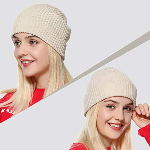 zowya Mens Winter Knit Beanie Hat, Rib Watch Cap Skull Cap Winter Ski Hat for Daily, 1 Hat 2 Style (Beige)