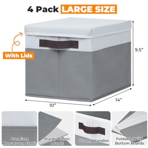 Large Storage Baskets Bins with Lids 4 Pack, Criusia Storage Baskets for Organizing Shelves Nursery Bedroom, Home Closet Organizers Cubes for Clothes Toys Blanket - Stackable & Sturdy -14x10x9.5