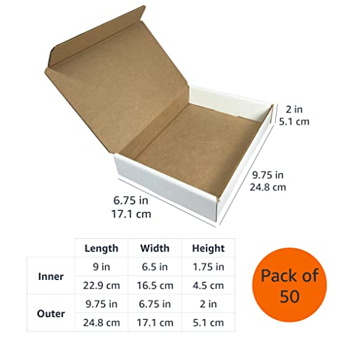 UBMOVE White & Literature Mailing Boxes, 50 Pack, 9" x 6.5" x 1.75", Crush- Proof For Mailing, Shipping & Storage, White Foldable Corrugated Cardboard Packaging