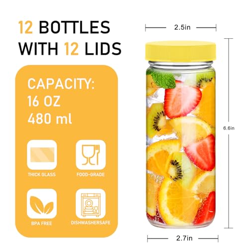 Sursip 24oz Glass Water Bottle Set of 6, Leak Proof Clear glass juice bottle for juicing, Reusable Drinking Bottles with Stainless Steel Lid, Beverage Storage Containers for Refrigerator-BPA Free
