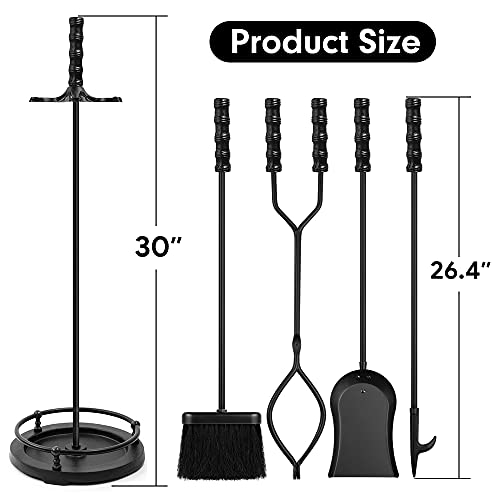 AMAGABELI GARDEN & HOME 5 Pieces Fireplace Tools Sets Wrought Iron Indoor Fireplace Set with Poker Tongs Broom Shovel Stand Fire Tools Outdoor Fire Place Fire Pit Hearth Accessories Sets Black