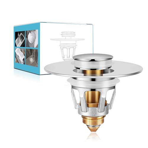 Universal Sink Stopper with Hair Catcher, Faster Drainage, Bathroom Sink Drain Strainer in Brass, Pop Up Drain Cover, Basin Plug for 1.04~1.97 Inch Drain Hole