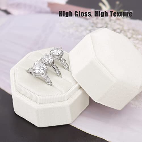 DesignSter Ring Box for Wedding Ceremony Octagon 3 Slots Velvet Ring Box Wedding Ring Box Premium Ring Bearer Boxes for Proposal Engagement (Beige)