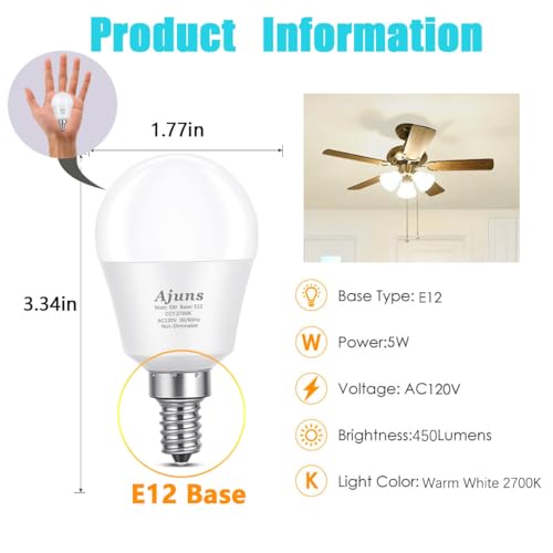 Ajuns LED Ceiling Fan Light Bulbs 40W Equivalent 120V LED Candle Holder Bulb, 5W 2700K Warm White Used for Chandeliers, Ceiling Fan Lights, Wall Chandeliers, etc, E12 Base 4Packs