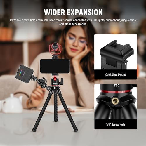 NEEWER Camera Tripod with Remote, Mini Flexible Tripod Stand with Action Camera Mount Adapter for Hero 12 11 10 9, Hidden Phone Holder with Cold Shoe, Vlog Phone Tripod for iPhone, Max Load 4.4lb, T30