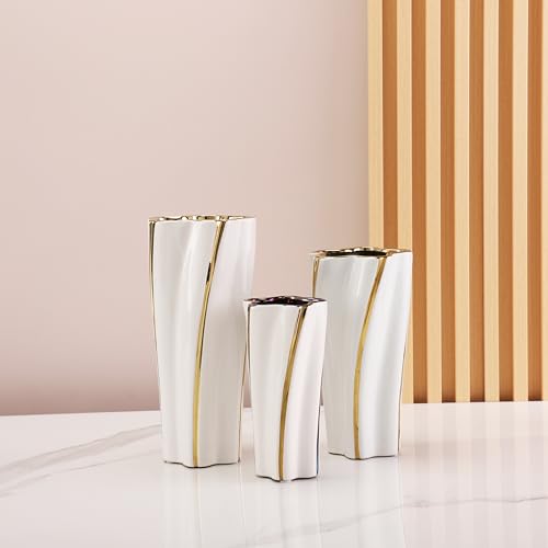 YUSHUIHOME White and Gold Vase, Ceramic Gold Vase Home Decor,Pentagon White Gold Vase Living Room Center Decor Nordic Modern for Living Room, TV Cabinet, Office, Templer, Flower Store (Large)