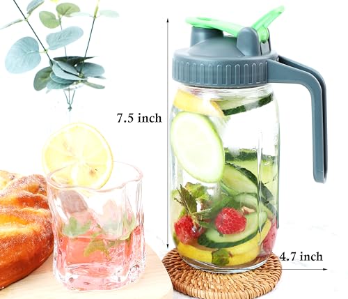 Glass Mason Jars Pitcher 1 Quart (2 Set) Breastmilk Formula Pitcher For Fridge 32 Oz Wide Mouth Jugs With Top Flip Cap & Pour Spout For Cold Coffee, Sun Tea Airtight Storage & Leakproof