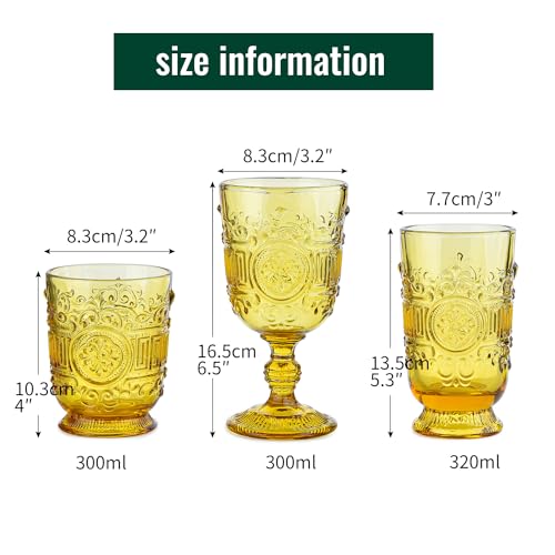 Sungmor Vintage Drinking Glasses Beverage Glass Cups, Set of 3 Embossed Wine Goblets & Highball Glasses and Old Fashioned Glasses, Amber Cocktail Drinking Glassware, 10 oz Water Tumblers Juice Glasses