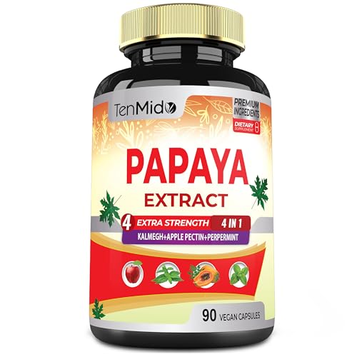 Papaya Leaf Extract Supplements Capsules 5650mg, 3 Months Supply with Kalmegh, Apple Pectin, Peppermint - Improved Digestion Function - 90 Vegan Capsules