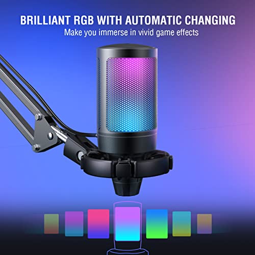 FIFINE Gaming PC USB Microphone, Podcast Condenser Mic with Boom Arm, Pop Filter, Mute Button for Streaming, Twitch, Online Chat, RGB Computer Mic for PC Gamer Youtuber-AmpliGame A6T