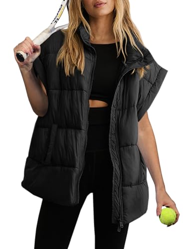 ReachMe Womens Oversized Puffer Vests Stand Collar Puffy Vest Tops Cap Sleeve Quilted Jacket Winter Coats with Pockets (Black,S)