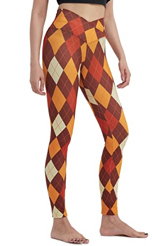 sissycos Women's Thanksgiving Day Plaid Printed Crossover Leggings Buttery Soft High Waisted Pants (Colorful Plaid, X-Large)