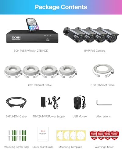 ZOSI 4K 8MP PoE Security Camera System with Audio, 8CH H.265+ NVR, 2TB HDD for 24/7 Recording, 4 x 4K PoE IP Cameras Outdoor Indoor, Starlight Color Night Vision, Human Detection, Smart Light Alarm