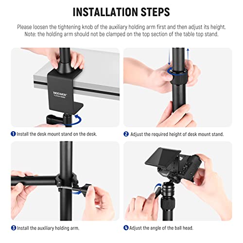 NEEWER TL253A+DS001 Table Camera Tripod with 2 Telescopic Arms, Phone Holder, Ball Heads, Screw Adapter, Table Light Stand for Camera, Mobile Phone, Webcam, Ring Light