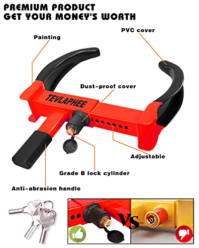 Tevlaphee Universal Wheel Lock Heavy Duty Security Trailer Wheel Lock Anti Theft Wheel Locks for Cars SUV Camper Motorcycle Trailer Great Deterrent Bright Color with 3 Keys (Black-red)