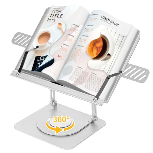 Grathia Book Stand for Reading, Adjustable Holder with 360° Rotating Base, Desktop Stand with Page Clips for Cookbook, Sheet Music, Laptop, Recipe, Textbook, HandsFree, Aluminium