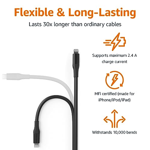 Amazon Basics 2-Pack USB-A to Lightning ABS Charger Cable, MFi Certified Charger for Apple iPhone 14 13 12 11 X Xs Pro, Pro Max, Plus, iPad, 10,000 Bend Lifespan, 6 Foot, White