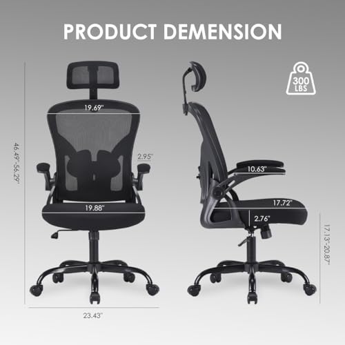 Farini Ergonomic Office Chair, Home Office Desk Chair with Headrest, High Back Computer Chair with Flip-up Armrests and Adjustable Lumbar Support for Home Office Study Room (with Headrest, All-White)