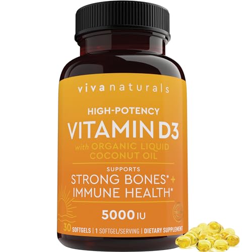 D3 Vitamin 5000 IU Softgels (125 mcg), 30 Softgels - High Potency Vitamin D Supplements for Healthy Immune Function, Bones & Muscles - Made with Organic Liquid Coconut Oil