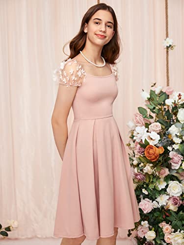 WDIRARA Girl's Appliques Mesh Puff Sleeve Square Neck Ruffle Hem Dress Pink 8-9Y