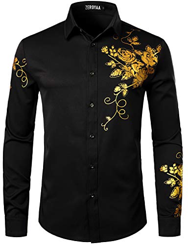 ZEROYAA Men's Hipster Rose Floral Printed Slim Fit Long Sleeve Button Up Party Dress Shirts ZZCL63 Black Pink Medium