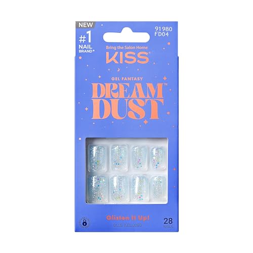 KISS Gel Fantasy Dreamdust, Press-On Nails, Nail glue included, 'Mood Dust', Light White, Short Size, Coffin Shape, Includes 28 Nails, 2G Glue, 1 Manicure Stick, 1 Mini File