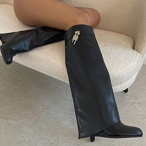 Yishaweiqi Padlock Detail Fold Over Boots for Women Wide-Calf Shark Boots Wedge Heel Knee High Long Boot in Tan Brown Faux Leather