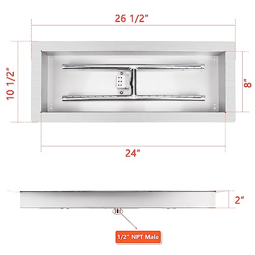 QuliMetal 24" x 8" Drop-in Fire Pit Pan with Spark Ignition Kit - Natural & Propane Gas Rectangular 304 Stainless Steel Fire Pit Burner Kit for Indoor & Outdoor, Rated for up to 150K BTU