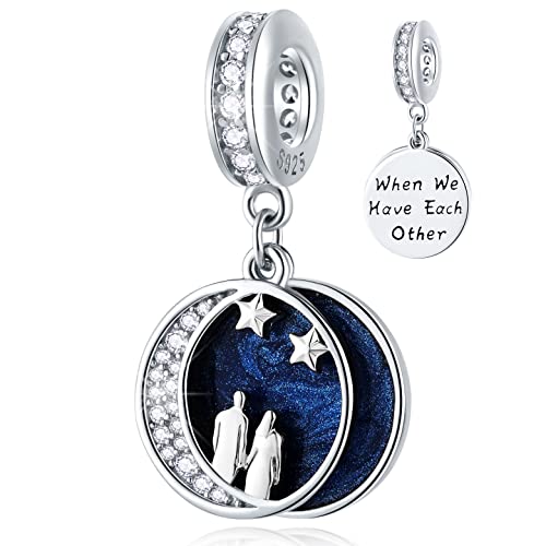 I Love You to the Moon and Back Pendant Charms, Fit Pandora Valentines Bracelet, 925 Sterling Silver Couple on Starry Night Sky CZ Necklace Beads, Gift for First Mothers Day