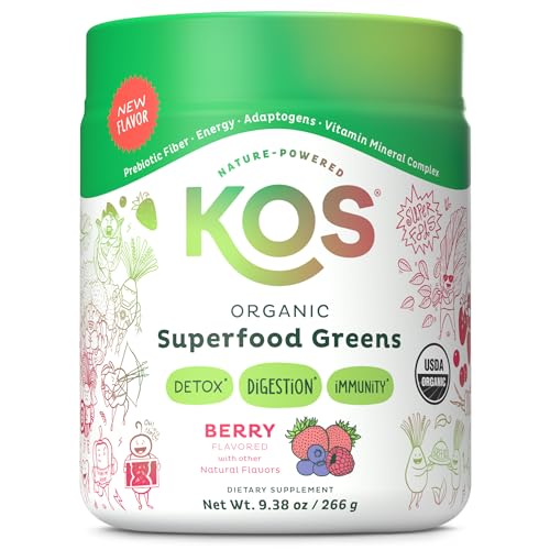 KOS Organic Superfood Greens Powder - Gut Health from Prebiotic Fiber, Supergreens and Adaptogens - USDA Certified Organic, Made in a GMP certified facility - 28 Servings Berry