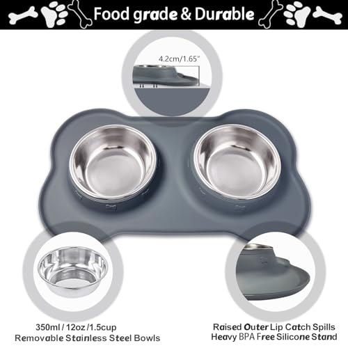 AsFrost Dog Food Bowls Stainless Steel Dog Food and Water Bowl Set, Dog Bowls No Spill Non Slip Silicone Mat, Dog Dishes for Small Medium Size Dogs Cat Puppy Pet Food Feeding Bowls, Blue, 12oz