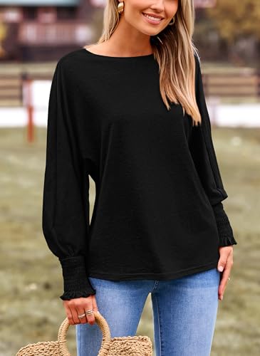 PRETTYGARDEN Women's 2024 Fall Fashion T Shirts Puff Long Sleeve Crewneck Casual Basic Tee Tops Blouses (Black,Small)