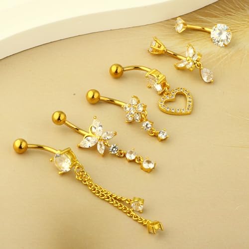 TIANCI FBYJS Surgical Stainless Steel Gold Belly Button Ring for Women 14G Dangle Navel Piercing Jewelry with Heart Flower Butterfly heart Flower Cute Dangling Curved Belly Rings