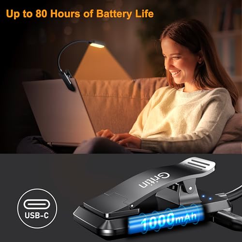 Gritin 16 LED Rechargeable Book Light for Reading in Bed-Eye Caring 3 Color Temperatures, Stepless Dimming Brightness,80Hrs Runtime,Lightweight Flexible Clip On Book Light for Book Lovers-White